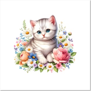 A cat decorated with beautiful colorful flowers. Posters and Art